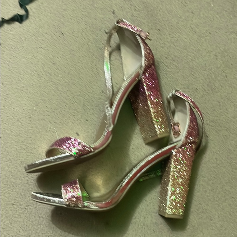 Glamorous Pink and Gold Heels with Chunky Heel and Sparkly Finish